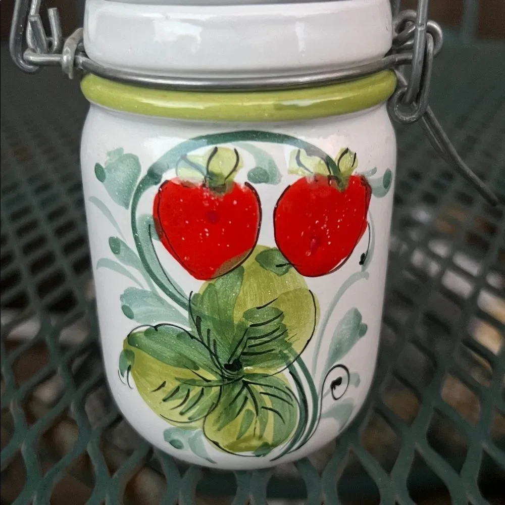 Vintage Italian Red and Green Strawberry Hinged Ceramic Jar Canister with Lid